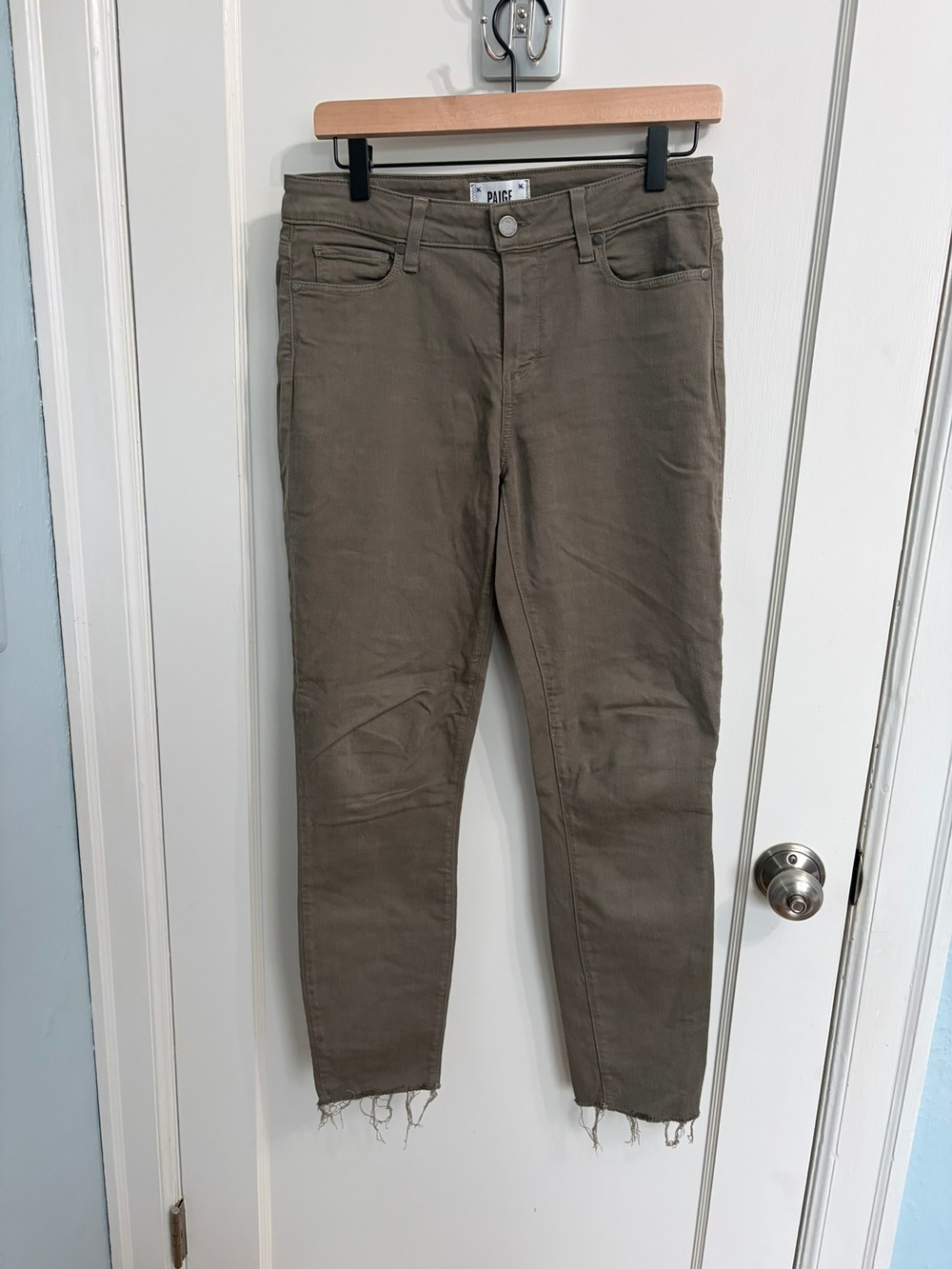 PAIGE Verdugo Ankle Skinny Jeans Army Olive Green Raw Hem Women's 28